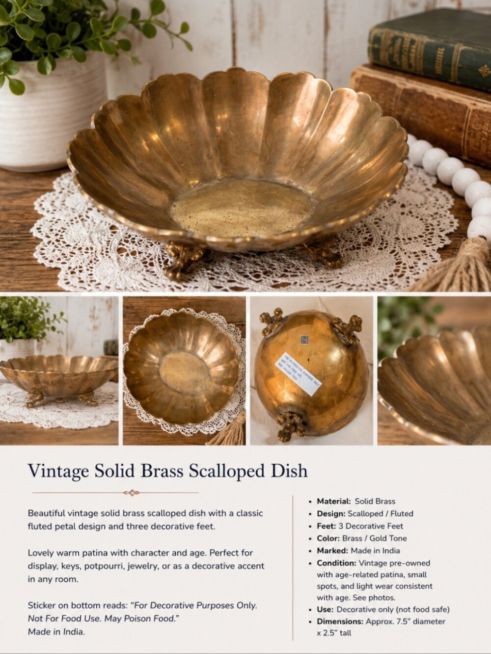 Brass Dish - Vintage Solid Brass Scalloped Dish